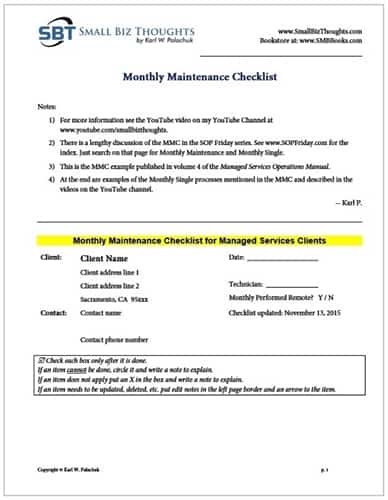 SOP: Monthly Maintenance Checklist